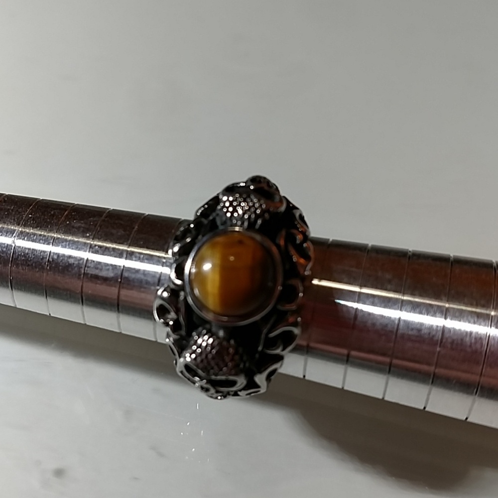 Stainless steel skull tiger eye Gothic biker ring